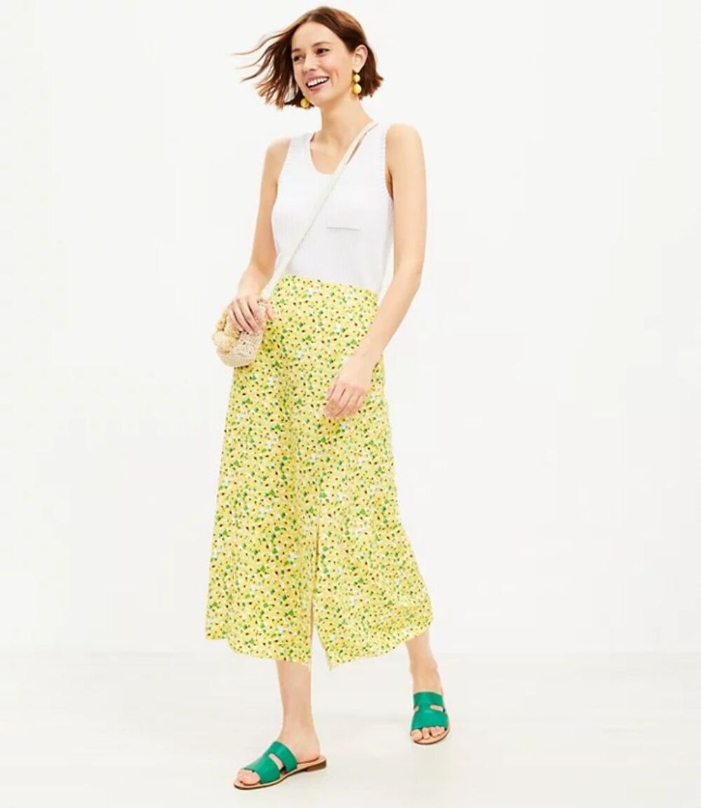 [LOFT] Yellow Floral Print Linen Blend High Waist Side Slit Midi Skirt Size 14